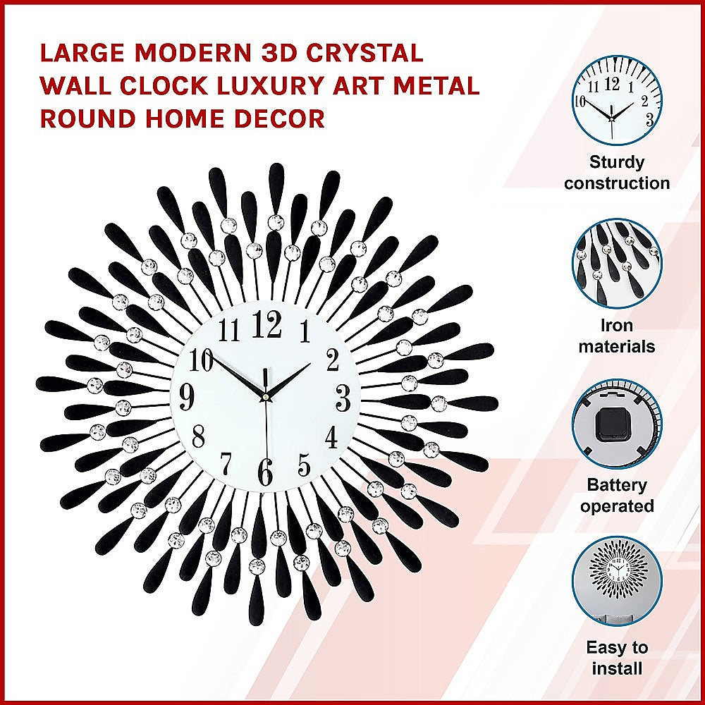 Large Modern 3D Crystal Wall Clock Luxury Art Metal Round Home Decor