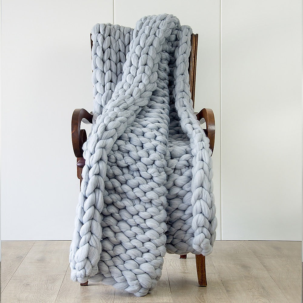 Hand Knitted Chunky Blanket Thick Acrylic Yarn Blanket Home Decor Throw Rug - Grey